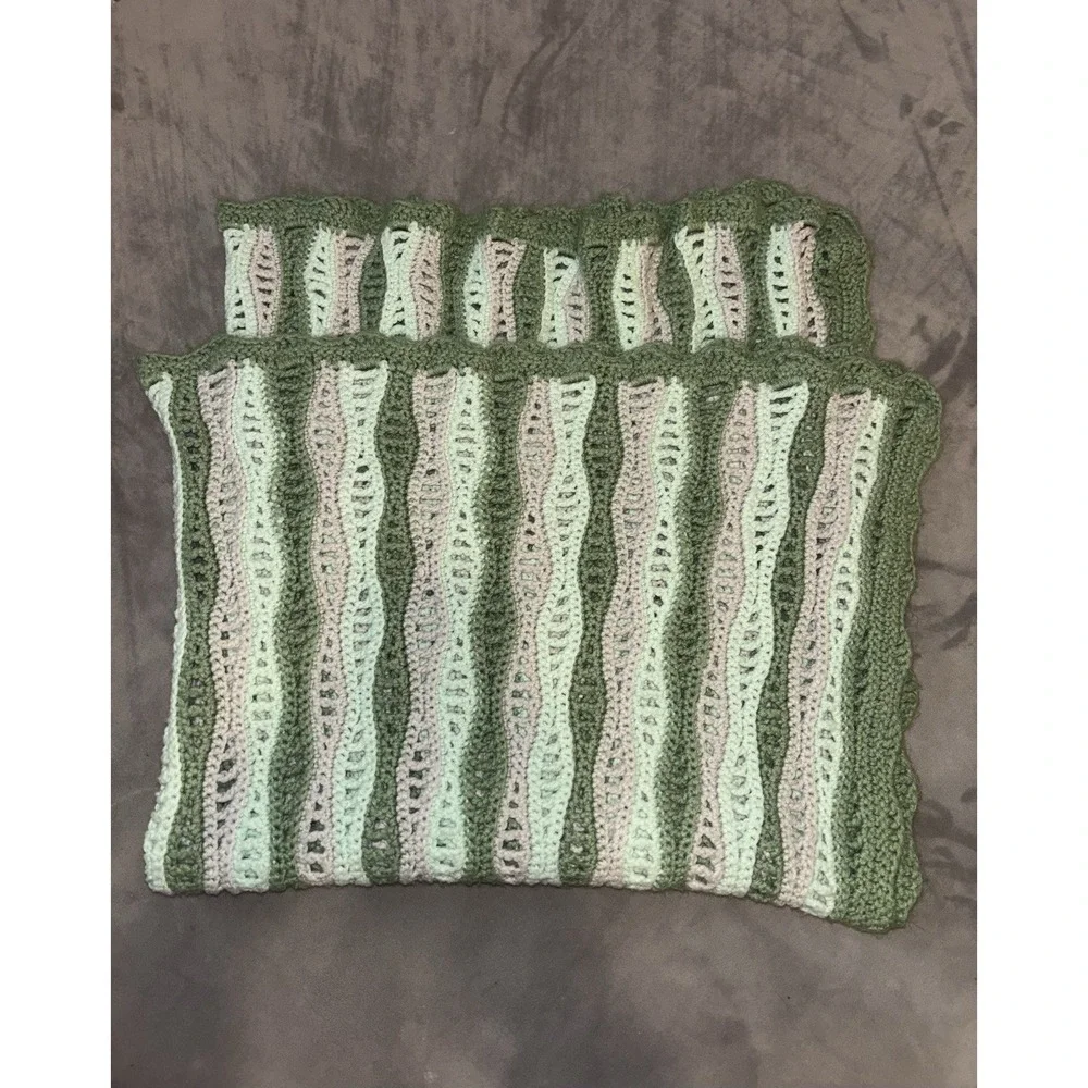 Vintage Afghan Baby Throw Crochet Stripes Green Lavender Wavy Scalloped Trim